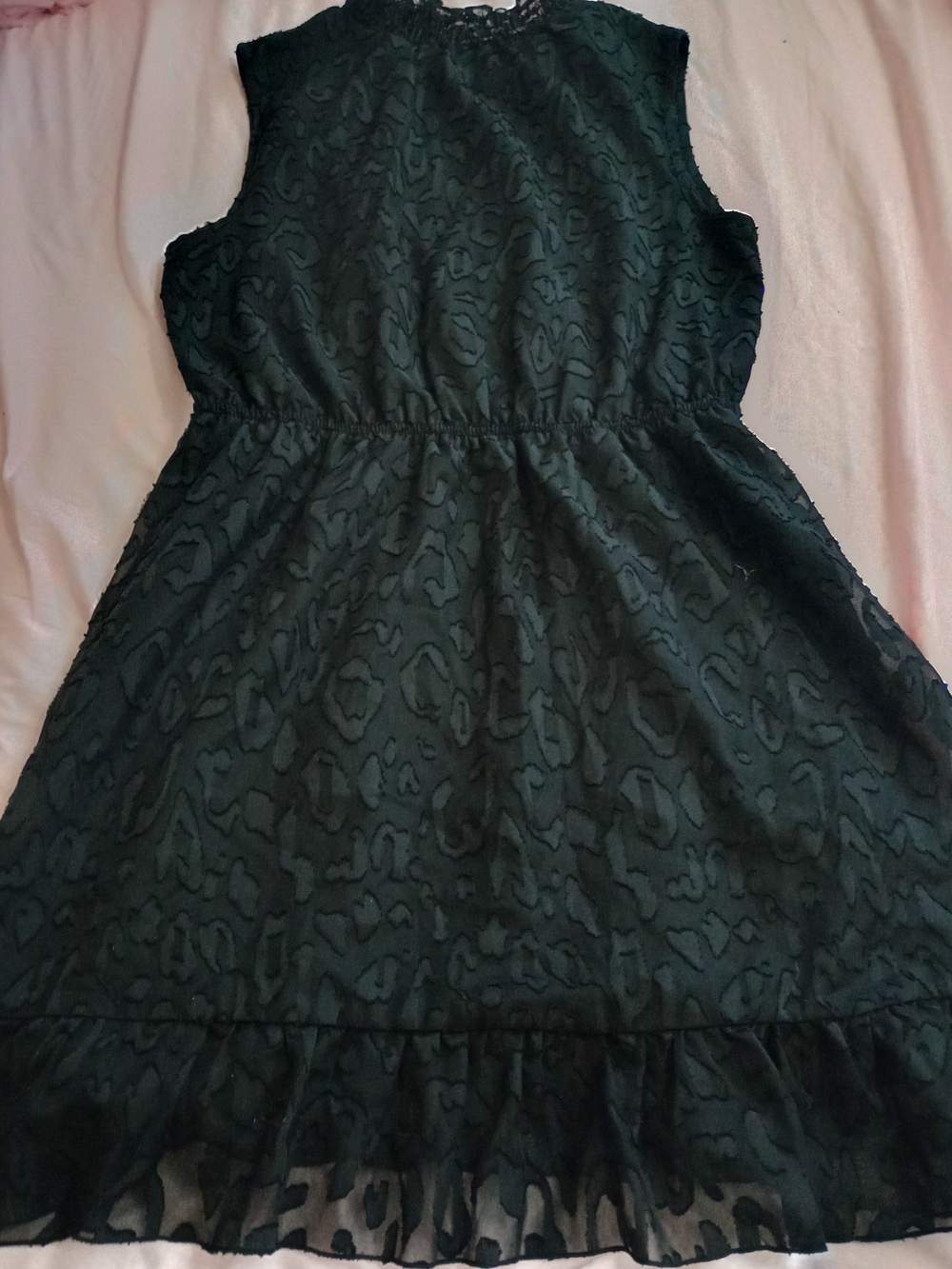 Sleeveless Black Textured Ruffle-Hem Dress
